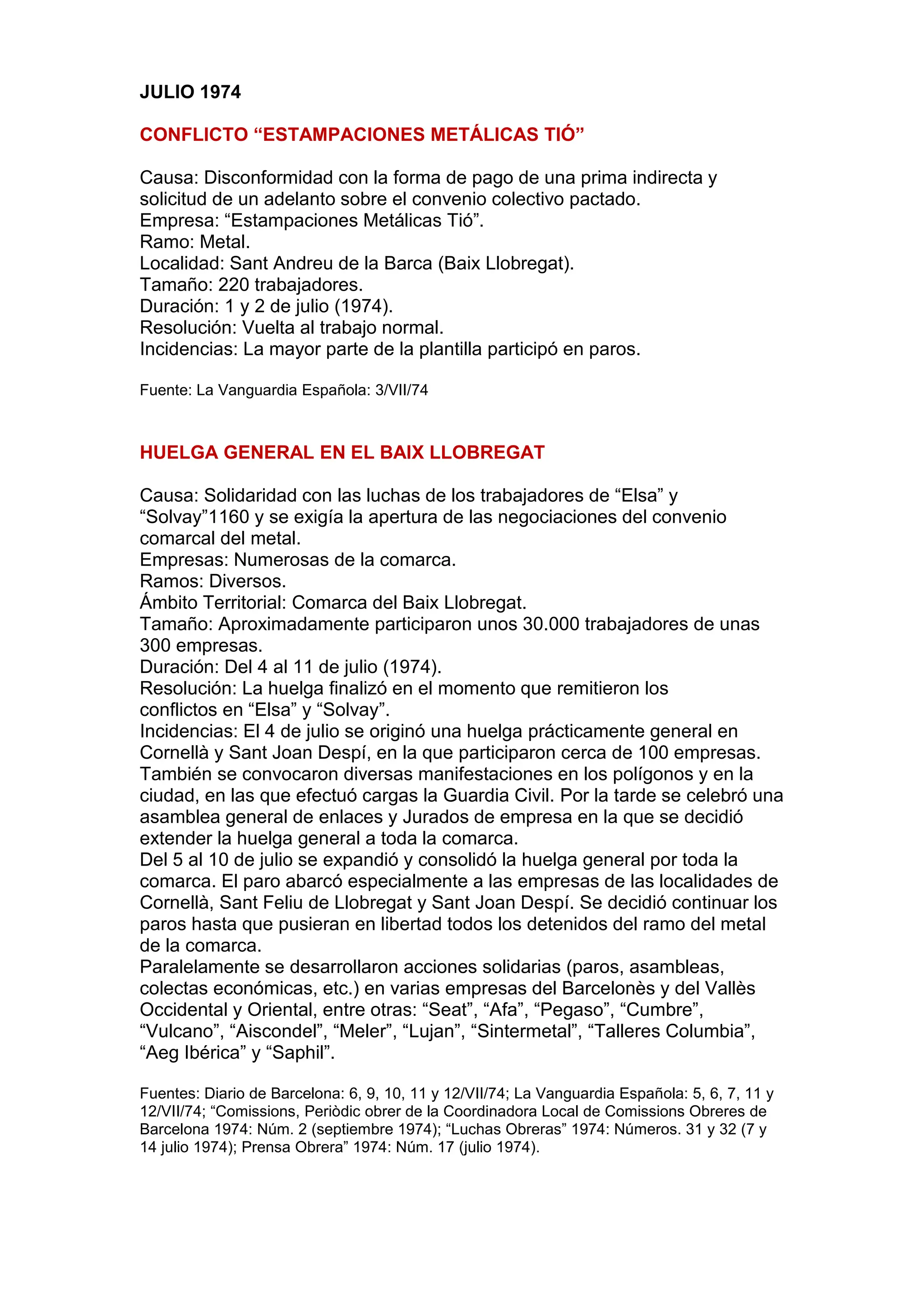 JULIO 1974
CONFLICTO “ESTAMPACIONES METÁLICAS TIÓ”
Causa: Disconformidad con la forma de pago de una prima indirecta y
solicitud de un adelanto sobre el convenio colectivo pactado.
Empresa: “Estampaciones Metálicas Tió”.
Ramo: Metal.
Localidad: Sant Andreu de la Barca (Baix Llobregat).
Tamaño: 220 trabajadores.
Duración: 1 y 2 de julio (1974).
Resolución: Vuelta al trabajo normal.
Incidencias: La mayor parte de la plantilla participó en paros.
Fuente: La Vanguardia Española: 3/VII/74
HUELGA GENERAL EN EL BAIX LLOBREGAT
Causa: Solidaridad con las luchas de los trabajadores de “Elsa” y
“Solvay”1160 y se exigía la apertura de las negociaciones del convenio
comarcal del metal.
Empresas: Numerosas de la comarca.
Ramos: Diversos.
Ámbito Territorial: Comarca del Baix Llobregat.
Tamaño: Aproximadamente participaron unos 30.000 trabajadores de unas
300 empresas.
Duración: Del 4 al 11 de julio (1974).
Resolución: La huelga finalizó en el momento que remitieron los
conflictos en “Elsa” y “Solvay”.
Incidencias: El 4 de julio se originó una huelga prácticamente general en
Cornellà y Sant Joan Despí, en la que participaron cerca de 100 empresas.
También se convocaron diversas manifestaciones en los polígonos y en la
ciudad, en las que efectuó cargas la Guardia Civil. Por la tarde se celebró una
asamblea general de enlaces y Jurados de empresa en la que se decidió
extender la huelga general a toda la comarca.
Del 5 al 10 de julio se expandió y consolidó la huelga general por toda la
comarca. El paro abarcó especialmente a las empresas de las localidades de
Cornellà, Sant Feliu de Llobregat y Sant Joan Despí. Se decidió continuar los
paros hasta que pusieran en libertad todos los detenidos del ramo del metal
de la comarca.
Paralelamente se desarrollaron acciones solidarias (paros, asambleas,
colectas económicas, etc.) en varias empresas del Barcelonès y del Vallès
Occidental y Oriental, entre otras: “Seat”, “Afa”, “Pegaso”, “Cumbre”,
“Vulcano”, “Aiscondel”, “Meler”, “Lujan”, “Sintermetal”, “Talleres Columbia”,
“Aeg Ibérica” y “Saphil”.
Fuentes: Diario de Barcelona: 6, 9, 10, 11 y 12/VII/74; La Vanguardia Española: 5, 6, 7, 11 y
12/VII/74; “Comissions, Periòdic obrer de la Coordinadora Local de Comissions Obreres de
Barcelona 1974: Núm. 2 (septiembre 1974); “Luchas Obreras” 1974: Números. 31 y 32 (7 y
14 julio 1974); Prensa Obrera” 1974: Núm. 17 (julio 1974).
 