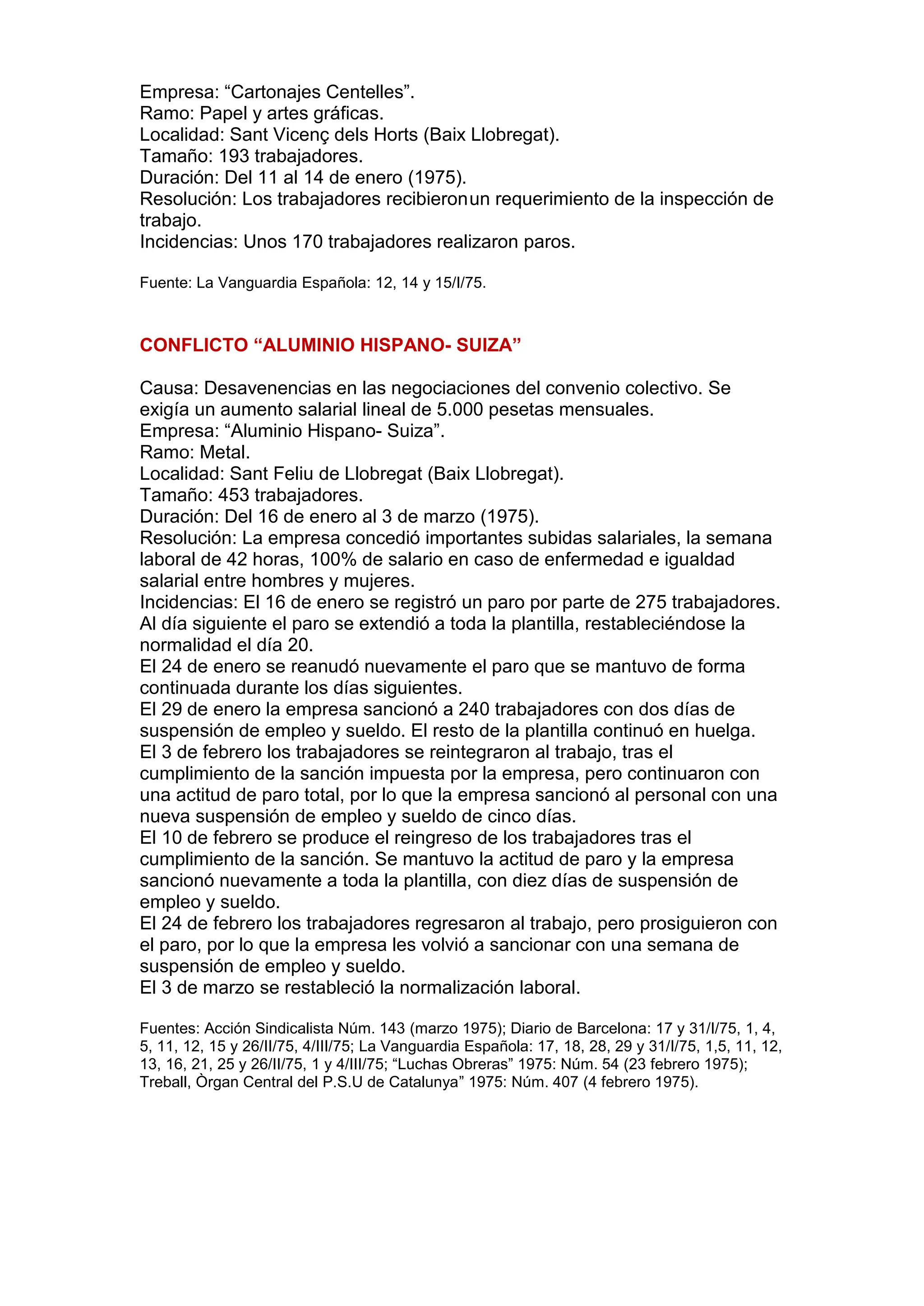 Empresa: “Cartonajes Centelles”.
Ramo: Papel y artes gráficas.
Localidad: Sant Vicenç dels Horts (Baix Llobregat).
Tamaño: 193 trabajadores.
Duración: Del 11 al 14 de enero (1975).
Resolución: Los trabajadores recibieronun requerimiento de la inspección de
trabajo.
Incidencias: Unos 170 trabajadores realizaron paros.
Fuente: La Vanguardia Española: 12, 14 y 15/I/75.
CONFLICTO “ALUMINIO HISPANO- SUIZA”
Causa: Desavenencias en las negociaciones del convenio colectivo. Se
exigía un aumento salarial lineal de 5.000 pesetas mensuales.
Empresa: “Aluminio Hispano- Suiza”.
Ramo: Metal.
Localidad: Sant Feliu de Llobregat (Baix Llobregat).
Tamaño: 453 trabajadores.
Duración: Del 16 de enero al 3 de marzo (1975).
Resolución: La empresa concedió importantes subidas salariales, la semana
laboral de 42 horas, 100% de salario en caso de enfermedad e igualdad
salarial entre hombres y mujeres.
Incidencias: El 16 de enero se registró un paro por parte de 275 trabajadores.
Al día siguiente el paro se extendió a toda la plantilla, restableciéndose la
normalidad el día 20.
El 24 de enero se reanudó nuevamente el paro que se mantuvo de forma
continuada durante los días siguientes.
El 29 de enero la empresa sancionó a 240 trabajadores con dos días de
suspensión de empleo y sueldo. El resto de la plantilla continuó en huelga.
El 3 de febrero los trabajadores se reintegraron al trabajo, tras el
cumplimiento de la sanción impuesta por la empresa, pero continuaron con
una actitud de paro total, por lo que la empresa sancionó al personal con una
nueva suspensión de empleo y sueldo de cinco días.
El 10 de febrero se produce el reingreso de los trabajadores tras el
cumplimiento de la sanción. Se mantuvo la actitud de paro y la empresa
sancionó nuevamente a toda la plantilla, con diez días de suspensión de
empleo y sueldo.
El 24 de febrero los trabajadores regresaron al trabajo, pero prosiguieron con
el paro, por lo que la empresa les volvió a sancionar con una semana de
suspensión de empleo y sueldo.
El 3 de marzo se restableció la normalización laboral.
Fuentes: Acción Sindicalista Núm. 143 (marzo 1975); Diario de Barcelona: 17 y 31/I/75, 1, 4,
5, 11, 12, 15 y 26/II/75, 4/III/75; La Vanguardia Española: 17, 18, 28, 29 y 31/I/75, 1,5, 11, 12,
13, 16, 21, 25 y 26/II/75, 1 y 4/III/75; “Luchas Obreras” 1975: Núm. 54 (23 febrero 1975);
Treball, Òrgan Central del P.S.U de Catalunya” 1975: Núm. 407 (4 febrero 1975).
 