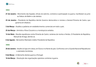 1915
21 de Janeiro - Movimento das Espadas: oficiais do exército, contrários à participação na guerra, manifestam-se junto
ao Palácio de Belém e são detidos.
25 de Janeiro - Presidente da República demite Governo democrático e nomeia o General Pimenta de Castro, que
governa em ditadura.
3 de Março - Assaltos a padarias em estabelecimentos comerciais em todo o país.
25 de Março - Amnistia a Paiva Couceiro e a monárquicos exilados.
14 de Maio - Revolta republicana contra Pimenta de Castro: centenas de mortos e feridos. O Presidente da República,
Manuel de Arriaga, demite-se.
6 de Agosto - Bernardino Machado é eleito Presidente da República.
1916
26 de Janeiro - Assalto às lojas em Lisboa, em Évora e no Norte do país. Confrontos com a Guarda Nacional Republicana
e atentados bombistas.
9 de Março - A Alemanha declara guerra a Portugal.
16 de Março - Dissolução das organizações operárias contrárias à guerra.
 