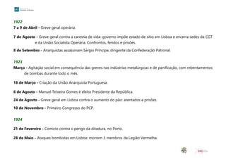 1922
7 a 9 de Abril - Greve geral operária.
7 de Agosto - Greve geral contra a carestia de vida: governo impõe estado de sítio em Lisboa e encerra sedes da CGT
e da União Socialista Operária. Confrontos, feridos e prisões.
8 de Setembro - Anarquistas assassinam Sérgio Príncipe, dirigente da Confederação Patronal.
1923
Março - Agitação social em consequência das greves nas indústrias metalúrgicas e de panificação, com rebentamentos
de bombas durante todo o mês.
18 de Março - Criação da União Anarquista Portuguesa.
6 de Agosto - Manuel Teixeira Gomes é eleito Presidente da República.
24 de Agosto - Greve geral em Lisboa contra o aumento do pão: atentados e prisões.
10 de Novembro - Primeiro Congresso do PCP.
1924
21 de Fevereiro - Comício contra o perigo da ditadura, no Porto.
28 de Maio - Ataques bombistas em Lisboa: morrem 3 membros da Legião Vermelha.
 