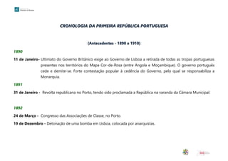 CRONOLOGIA DA PRIMEIRA REPÚBLICA PORTUGUESA
(Antecedentes - 1890 a 1910)
1890
11 de Janeiro- Ultimato do Governo Britânico exige ao Governo de Lisboa a retirada de todas as tropas portuguesas
presentes nos territórios do Mapa Cor-de-Rosa (entre Angola e Moçambique). O governo português
cede e demite-se. Forte contestação popular à cedência do Governo, pelo qual se responsabiliza a
Monarquia.
1891
31 de Janeiro - Revolta republicana no Porto, tendo sido proclamada a República na varanda da Câmara Municipal.
1892
24 de Março - Congresso das Associações de Classe, no Porto.
19 de Dezembro - Detonação de uma bomba em Lisboa, colocada por anarquistas.
 