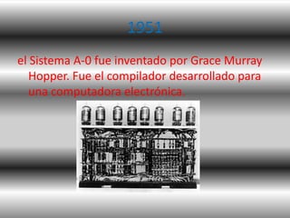 1951
el Sistema A-0 fue inventado por Grace Murray
   Hopper. Fue el compilador desarrollado para
   una computadora elect...
