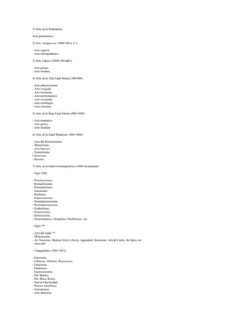 En el desarrollo de la historia denominamos Edad Media a los diez siglos 
que corren entre los años 476 y 1453; o sea desde la caída del Imperio 
Romano de Occidente hasta la caída del Imperio Romano de Oriente. El 
arte de la Edad Media es esencialmente religioso, dado al espíritu 
eminentemente cristiano que definía al hombre medieval, nada puede 
extrañarnos que la culminación de tal obra artística sea la construcción 
destinada a honrar a Dios: aunque haya producido obras maestras de 
carácter profano; la época medieval podemos dividirla en cuatro, ya 
que fue un largo período en las que se produjeron distintos estilos de arte; 
1. Paleocristiano, cuya pintura se inicia en las catacumbas, está llena de 
simbolismo y cabe destacar la realización de los muy famosos mosaicos, 
los cuales eran de un gran colorido y los temas eran litúrgicos, figuras de 
Cristo, apóstoles, la cruz, etc. 
2. Arte Bizantino.- en la época de Constantino; en cuanto al dibujo y la 
pintura, adquiere características propias, los artistas realizaban excelentes 
mosaicos centrados en la representación de acontecimientos bíblicos en 
las cuales se observa que las figuras representadas poseen un hieratismo 
bastante acentuado que siempre están colocadas de frente. . La técnica 
empleada es la del Fresco, notables ejemplos son las iglesias románicas 
catalanas, de fulgentes colores y motivos abstractos de significado 
simbólico; y las iglesias italianas, donde las escenas religiosas pintadas 
muestran ya cierto empeño en copiar la naturaleza con 
3. El Románico, denominado así por la semejanza con el vocablo 
"romance" que designa a los idiomas derivados del latín, se encargó de 
decorar el interior de muchas basílicas e iglesias. Durante este período se 
pinta sobre ábsides y bóvedas figuras estilizadas, llenas de incesante 
movimiento y colorido; la pintura románica empleó las técnicas pictóricas 
al fresco y al temple; los temas solían ser figuras de ángeles, santos, 
apóstoles, corderos, etc., también realizaron pintura sobre madera 
(frontales) y muchas ilustraciones de biblias y evangelios. 
4. Arte o estilo Gótico, conjuntamente con tres connotados fenómenos 
de la Edad Media: a) la formación de la clase burguesa, b) el desarrollo 
comercial y c) la industrialización. 
La pintura gótica fue expresiva y realista, manifestando el naturalismo en 
sus composiciones. El paisaje se introduce como modalidad pictórica y 
en los dibujos las figuras se presentan estilizadas y poco modeladas. Esta 
pintura casi desaparece por completo de las catedrales, puesto que los 
grandes vitrales llenan los espacios y de esta manera queda reducida a 
miniaturas de libros, tapices y retablos. 
 