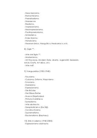 - Neoclasicismo. 
- Romanticismo. 
- Prerrafaelismo. 
- Nazarenos. 
- Realismo. 
- Impresionismo. 
- Neoimpresionismo. 
- Postimpresionismo. 
- Simbolismo. 
- Eclecticismo. 
- Historicismo. 
- Neorrománico, Neogótico, Neobarroco, etc. 
8)- Siglo **: 
- Arte del Siglo **. 
- Modernismo. 
- Art Nouveau, Modern Style, Liberty, Jugendstil, Sezession, 
Arts & Crafts, Art déco, etc. 
- Arte naïf. 
9) Vanguardias (1905-1942): 
- Fauvismo. 
- Cubismo, Orfismo, Rayonismo. 
- Futurismo. 
- Dadaísmo. 
- Expresionismo. 
- Die Brücke. 
- Der Blaue Reiter. 
- Nueva Objetividad. 
- Pintura metafísica. 
- Surrealismo. 
- Arte abstracto. 
- Neoplasticismo (De Stijl). 
- Constructivismo. 
- Suprematismo. 
- Racionalismo (Bauhaus). 
10) Arte moderno (1942-2000): 
- Expresionismo abstracto. 
 