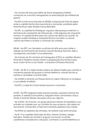 - No Campo de Instrução Militar de Santa Margarida (CIMSM)
começam-se a encher carregadores na arrecadação de material de
guerra.
- Na EPA continua-se (iniciada às 23h00) a preparação final do golpe,
onde o capitão Santos Silva assumira já o comando, acolitado pelos
tenentes Ruaz, Sales Grade e Sousa Brandão.
- Na EPI, os capitães Rui Rodrigues, Aguda e Albuquerque ordenam a
formatura da companhia de intervenção, a três bigrupos de cinquenta
homens. O capitão Silvério executa o plano de defesa do quartel. Os
majores Aurélio Trindade e Cerqueira Rocha convidam o coronel
Jasmins de Freitas a aceitar o comando da unidade.
00h40 - Na EPC, em Santarém os oficiais do MFA procuram obter a
adesão ao Movimento do tenente coronel Henrique Sanches. Não o
conseguindo, procedem à sua detenção.
- No Campo de Tiro da Serra da Carregueira (CTSC) os capitães Oliveira
Pimentel e Frederico Morais iniciam a preparação dos homens para
levar a bom termo a sua missão - conquistar a Emissora Nacional.
01h00 - No BC 5 o major Fontão ordena ao alferes Frazão que controle e
mantenha pessoal de guarda à central telefónica. Manda fechar os
portões e neutralizar a central rádio.
- No CIMSM o tenente Luís Pessoa reúne os cabos milicianos e consegue
a sua adesão imediata.
- Na EPC o major Rui Costa Ferreira assume o comando.
01h30 - Na EPC Salgueiro Maia manda acordar o pessoal e formar em
parada. A adesão é entusiástica. Salgueiro Maia comandará a força
tendo o tenente Alfredo Assunção como seu adjunto.
- No CIAAC, em Cascais, um grupo de jovens oficiais vê impedida a sua
entrada na unidade que, ao contrário do que se previa, não adere ao
Movimento. Contactam o Posto de Comando pedindo nova missão.
- Na EPAM os soldados são armados. No exterior tudo está tranquilo.
- No RI 14 os capitães Gertrudes da Silva, Silveira Costeira, Aprígio
Ramalho, Ferreira do Amaral e Augusto convocam os oficiais
subalternos e esclarecem a situação. Controlam a central telefónica e
 