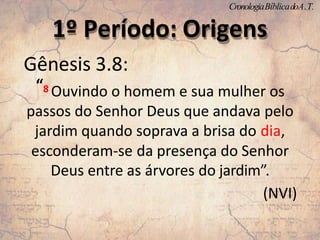 Gênesis 3.8:
“8 Ouvindo o homem e sua mulher os
passos do Senhor Deus que andava pelo
jardim quando soprava a brisa do dia,
esconderam-se da presença do Senhor
Deus entre as árvores do jardim”.
(NVI)
1º Período: Origens
CronologiaBíblicadoA.T.
 