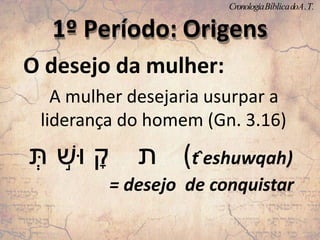 O desejo da mulher:
A mulher desejaria usurpar a
liderança do homem (Gn. 3.16)
‫ת‬
ָ
‫ק‬
ָ
‫ּוש‬
ָ
‫ת‬ (t ̂eshuwqah)
= desejo de conquistar
1º Período: Origens
CronologiaBíblicadoA.T.
 