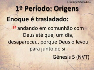 Enoque é trasladado:
24 andando em comunhão com
Deus até que, um dia,
desapareceu, porque Deus o levou
para junto de si.
Gênesis 5 (NVT)
1º Período: Origens
CronologiaBíblicadoA.T.
 