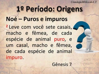 Noé – Puros e impuros
2 Leve com você sete casais,
macho e fêmea, de cada
espécie de animal puro, e
um casal, macho e fêmea,
de cada espécie de animal
impuro.
Gênesis 7
1º Período: Origens
CronologiaBíblicadoA.T.
 