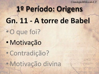 Gn. 11 - A torre de Babel
•O que foi?
•Motivação
•Contradição?
•Motivação divina
1º Período: Origens
CronologiaBíblicadoA.T.
 