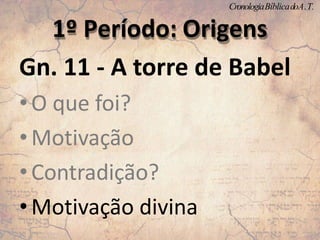 Gn. 11 - A torre de Babel
•O que foi?
•Motivação
•Contradição?
•Motivação divina
1º Período: Origens
CronologiaBíblicadoA.T.
 