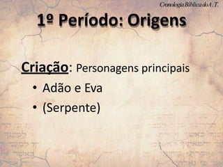1º Período: Origens
Criação: Personagens principais
• Adão e Eva
• (Serpente)
CronologiaBíblicadoA.T.
 