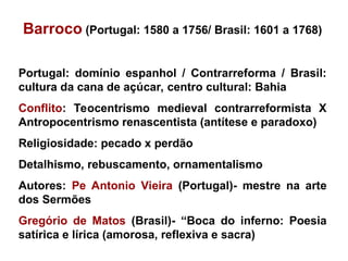Barroco (Portugal: 1580 a 1756/ Brasil: 1601 a 1768)
Portugal: domínio espanhol / Contrarreforma / Brasil:
cultura da cana de açúcar, centro cultural: Bahia
Conflito: Teocentrismo medieval contrarreformista X
Antropocentrismo renascentista (antítese e paradoxo)
Religiosidade: pecado x perdão
Detalhismo, rebuscamento, ornamentalismo
Autores: Pe Antonio Vieira (Portugal)- mestre na arte
dos Sermões
Gregório de Matos (Brasil)- “Boca do inferno: Poesia
satírica e lírica (amorosa, reflexiva e sacra)
 