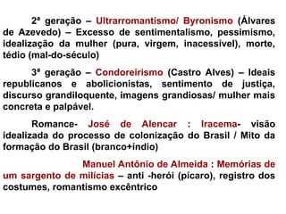 2ª geração – Ultrarromantismo/ Byronismo (Álvares
de Azevedo) – Excesso de sentimentalismo, pessimismo,
idealização da mulher (pura, virgem, inacessível), morte,
tédio (mal-do-século)
3ª geração – Condoreirismo (Castro Alves) – Ideais
republicanos e abolicionistas, sentimento de justiça,
discurso grandiloquente, imagens grandiosas/ mulher mais
concreta e palpável.
Romance- José de Alencar : Iracema- visão
idealizada do processo de colonização do Brasil / Mito da
formação do Brasil (branco+índio)
Manuel Antônio de Almeida : Memórias de
um sargento de milícias – anti -herói (pícaro), registro dos
costumes, romantismo excêntrico
 