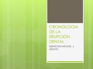 CRONOLOGIA
DE LA
ERUPCION
DENTAL
DENTICION INFANTIL y
ADULTO.

 