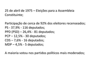 25 de abril de 1975 – Eleições para a Assembleia
Constituinte;
Participação de cerca de 92% dos eleitores recenseados;
PS - 37,9% - 116 deputados;
PPD (PSD) – 26,4% - 81 deputados;
PCP – 12,5% - 30 deputados;
CDS – 7,6% - 16 deputados;
MDP – 4,5% - 5 deputados;
A maioria votou nos partidos políticos mais moderados;
 