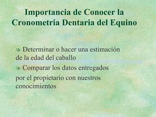 Importancia de Conocer la Cronometria Dentaria del Equino Determinar o hacer una estimación de la edad del caballo Comparar los datos entregados por el propietario con nuestros conocimientos 