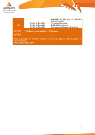 3
capacidade de lidar com as diferentes
weltanschauungen.
AVA
Revisão de Conteúdo Técnicas de Negociação
Revisão de Conteúdo Gestão do Conhecimento
Revisão de Conteúdo Desenvolvimento Pessoal e Profissional
31/05/2014
a
11/06/2014
Período de provas regulares - 2º bimestre
Datas de postagem de atividades avaliativas e de provas regulares serão divulgadas via
comunicado oficial.
*Horário de Brasília (DF)
 