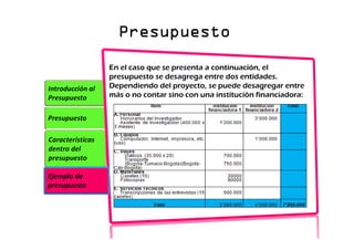 Presupuesto
Presupuesto
Presupuesto
Presupuesto
Presupuesto
Características
dentro del
presupuesto
Introducción al
Presupuesto
Ejemplo de
presupuesto
En el caso que se presenta a continuación, el
presupuesto se desagrega entre dos entidades.
Dependiendo del proyecto, se puede desagregar entre
más o no contar sino con una institución financiadora:
 