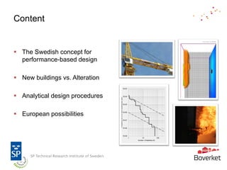 Content


 The Swedish concept for
  performance-based design

 New buildings vs. Alteration

 Analytical design procedures

 European possibilities
 