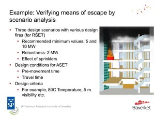 Example: Verifying means of escape by
scenario analysis
 Three design scenarios with various design
  fires (for RSET)
     Recommended minimum values: 5 and
      10 MW
     Robustness: 2 MW
     Effect of sprinklers
 Design conditions for ASET
     Pre-movement time
     Travel time
 Design criteria
     For example, 80C Temperature, 5 m
      visibility etc.
 