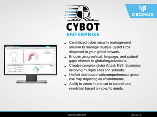 www.cronus-cyber.com | April 2016
• Centralized cyber security management
solution to manage multiple CyBot Pros
dispersed in your global network.
• Bridges geographical, language, and cultural
gaps inherent to global organizations.
• Creates complex global Attack Path Scenarios
involving multiple sites and subnets.
• Unified dashboard with comprehensive global
risk map depicting all environments.
• Ability to zoom in and out to control data
resolution based on specific needs.
Cronus-cyber.com Dec 2016
 
