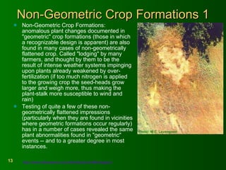 Non-Geometric Crop Formations 1 Non-Geometric Crop Formations: anomalous plant changes documented in "geometric" crop formations (those in which a recognizable design is apparent) are also found in many cases of non-geometrically flattened crop. Called "lodging" by many farmers, and thought by them to be the result of intense weather systems impinging upon plants already weakened by over-fertilization (if too much nitrogen is applied to the growing crop the seed-heads grow larger and weigh more, thus making the plant-stalk more susceptible to wind and rain) Testing of quite a few of these non-geometrically flattened impressions (particularly when they are found in vicinities where geometric formations occur regularly) has in a number of cases revealed the same plant abnormalities found in "geometric" events -- and to a greater degree in most instances.  http://www.bltresearch.com/otherfacts.html#nongeom   