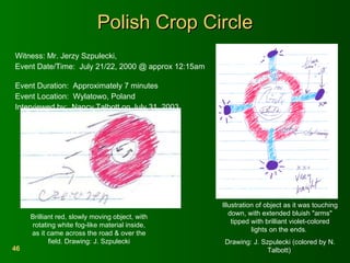 Polish Crop Circle Witness: Mr. Jerzy Szpulecki,  Event Date/Time:  July 21/22, 2000 @ approx 12:15am  Event Duration:  Approximately 7 minutes  Event Location:  Wylatowo, Poland  Interviewed by:  Nancy Talbott on July 31, 2003  Brilliant red, slowly moving object, with rotating white fog-like material inside, as it came across the road & over the field. Drawing: J. Szpulecki Illustration of object as it was touching down, with extended bluish "arms" tipped with brilliant violet-colored lights on the ends.  Drawing: J. Szpulecki (colored by N. Talbott)  