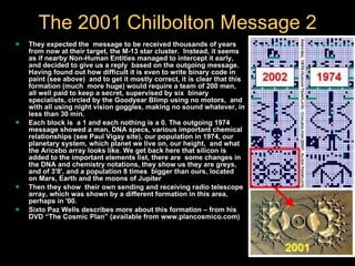 The 2001 Chilbolton Message 2 They expected the  message to be received thousands of years from now at their target, the M-13 star cluster.   Instead, it seems as if nearby Non-Human Entities managed to intercept it early, and decided to give us a reply   based on the outgoing message. Having found out how difficult it is even to write binary code in paint (see above)   and to get it mostly correct, it is clear that this formation (much  more huge) would require a team of 200 men,   all well paid to keep a secret, supervised by six  binary specialists, circled by the Goodyear Blimp using no motors,   and with all using night vision goggles, making no sound whatever, in less than 30 min.  Each block is   a 1 and each nothing is a 0. The outgoing 1974 message showed a man, DNA specs, various important chemical   relationships (see Paul Vigay site), our population in 1974, our planetary system, which planet we live on, our height,   and what the Aricebo array looks like. We get back here that silicon is added to the important elements list, there are   some changes in the DNA and chemistry notations, they show us they are greys, and of 3'8', and a population 8 times   bigger than ours, located  on Mars, Earth and the moons of Jupiter Then they show   their own sending and receiving radio telescope array, which was shown by a different formation in this area, perhaps in '00.   Sixto Paz Wells describes more about this formation – from his DVD “The Cosmic Plan” (available from www.plancosmico.com) 