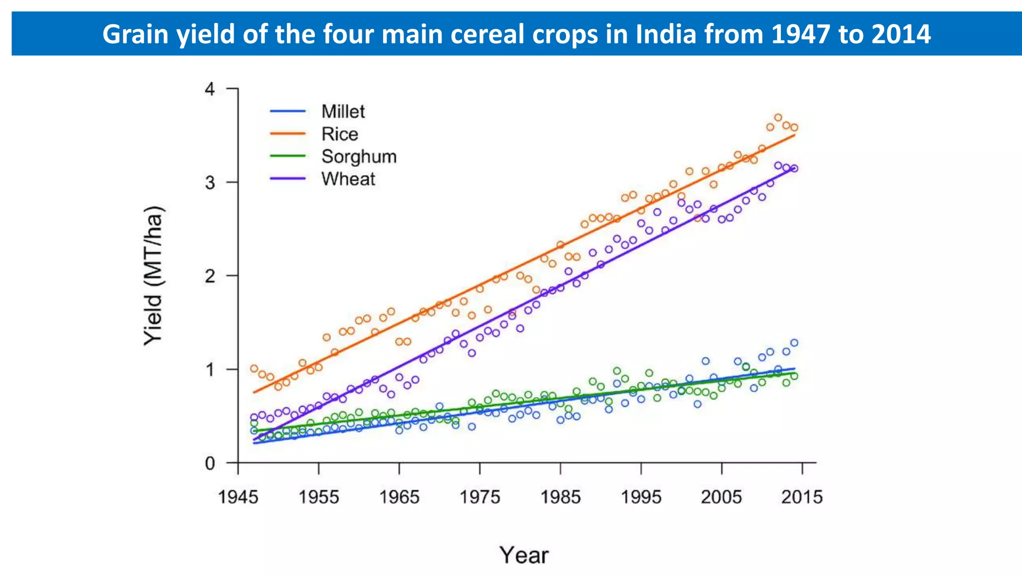 Grain yield of the four main cereal crops in India from 1947 to 2014
 