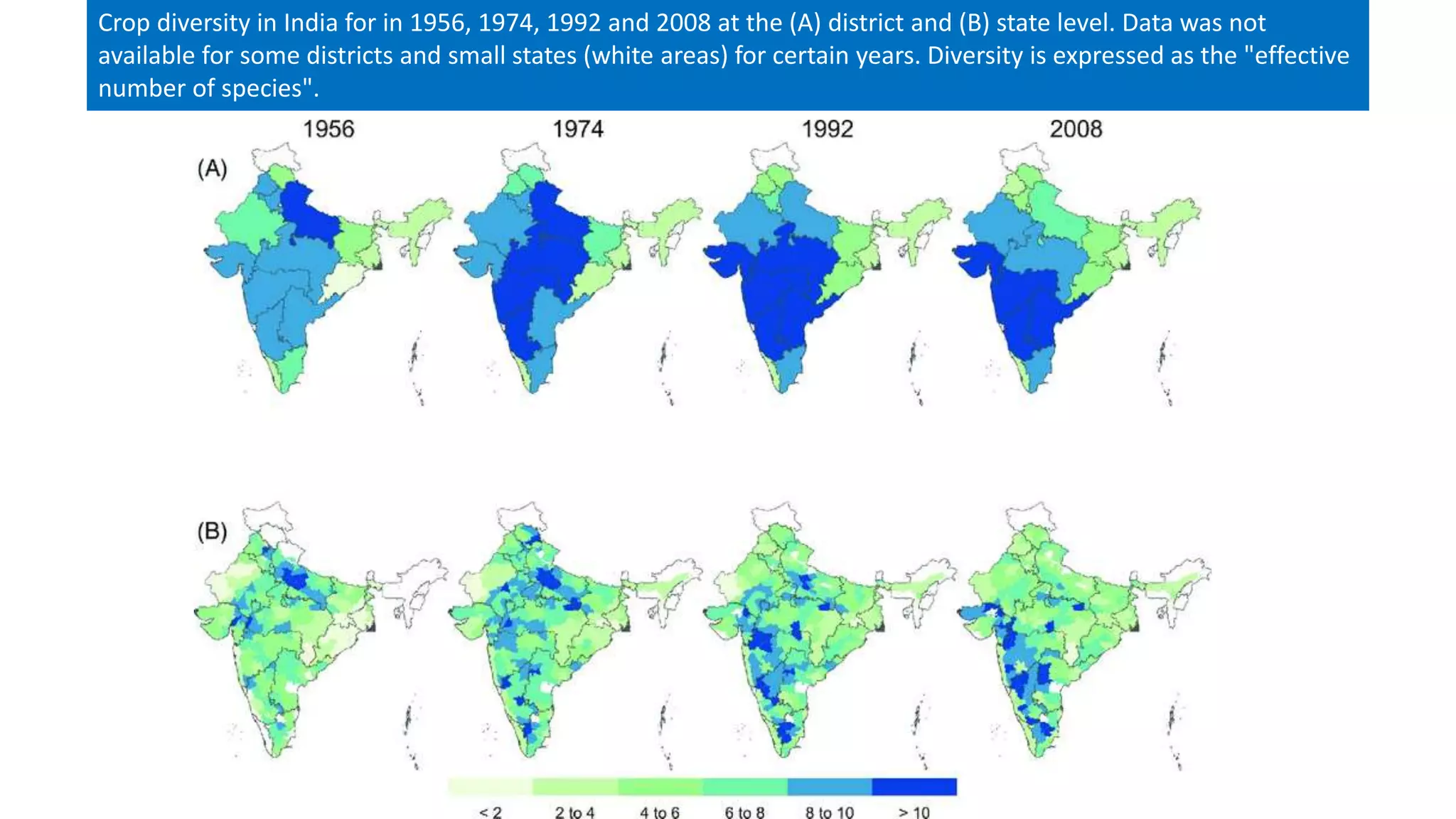 Crop diversity in India for in 1956, 1974, 1992 and 2008 at the (A) district and (B) state level. Data was not
available for some districts and small states (white areas) for certain years. Diversity is expressed as the "effective
number of species".
 