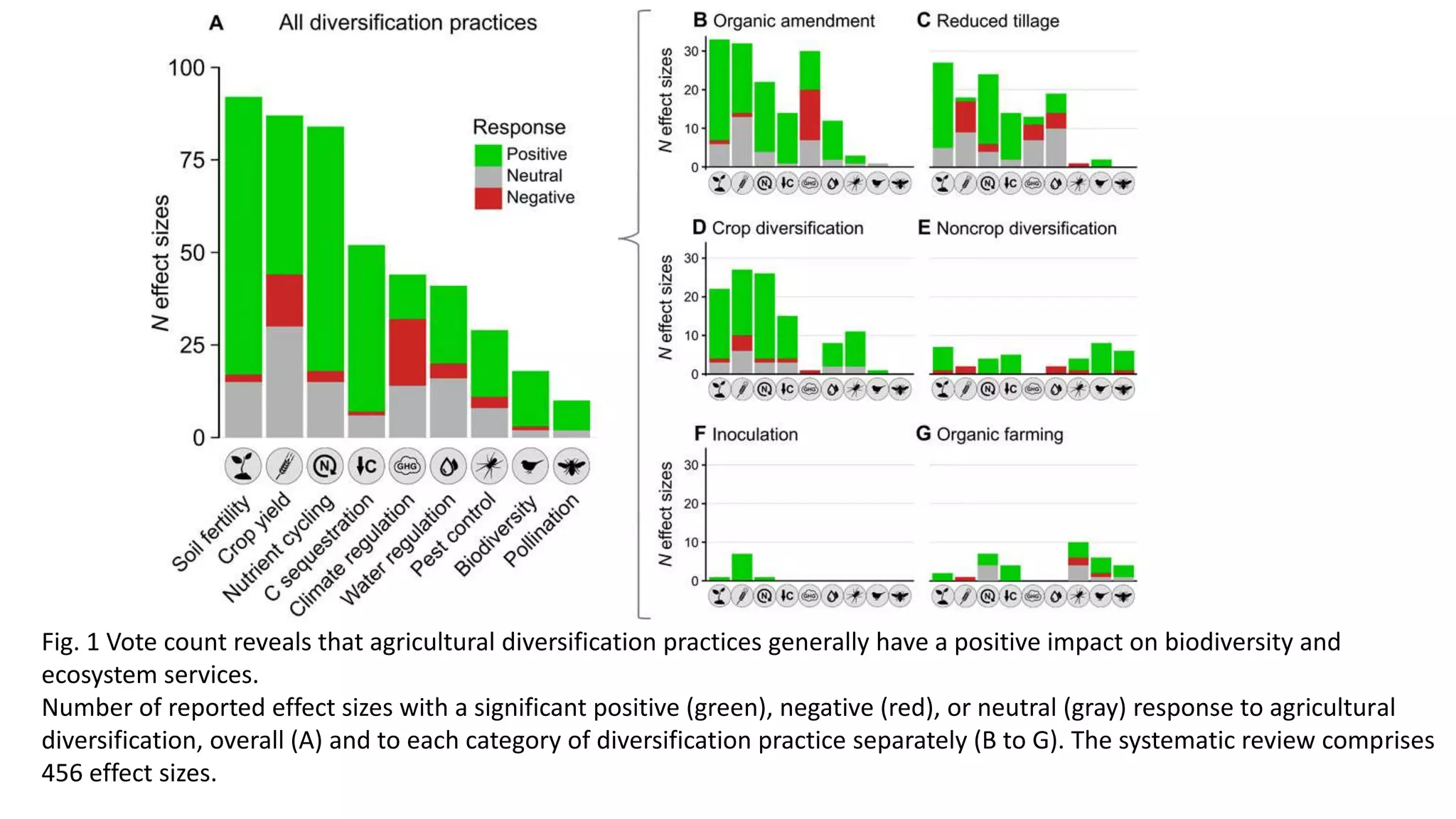 Fig. 1 Vote count reveals that agricultural diversification practices generally have a positive impact on biodiversity and
ecosystem services.
Number of reported effect sizes with a significant positive (green), negative (red), or neutral (gray) response to agricultural
diversification, overall (A) and to each category of diversification practice separately (B to G). The systematic review comprises
456 effect sizes.
 