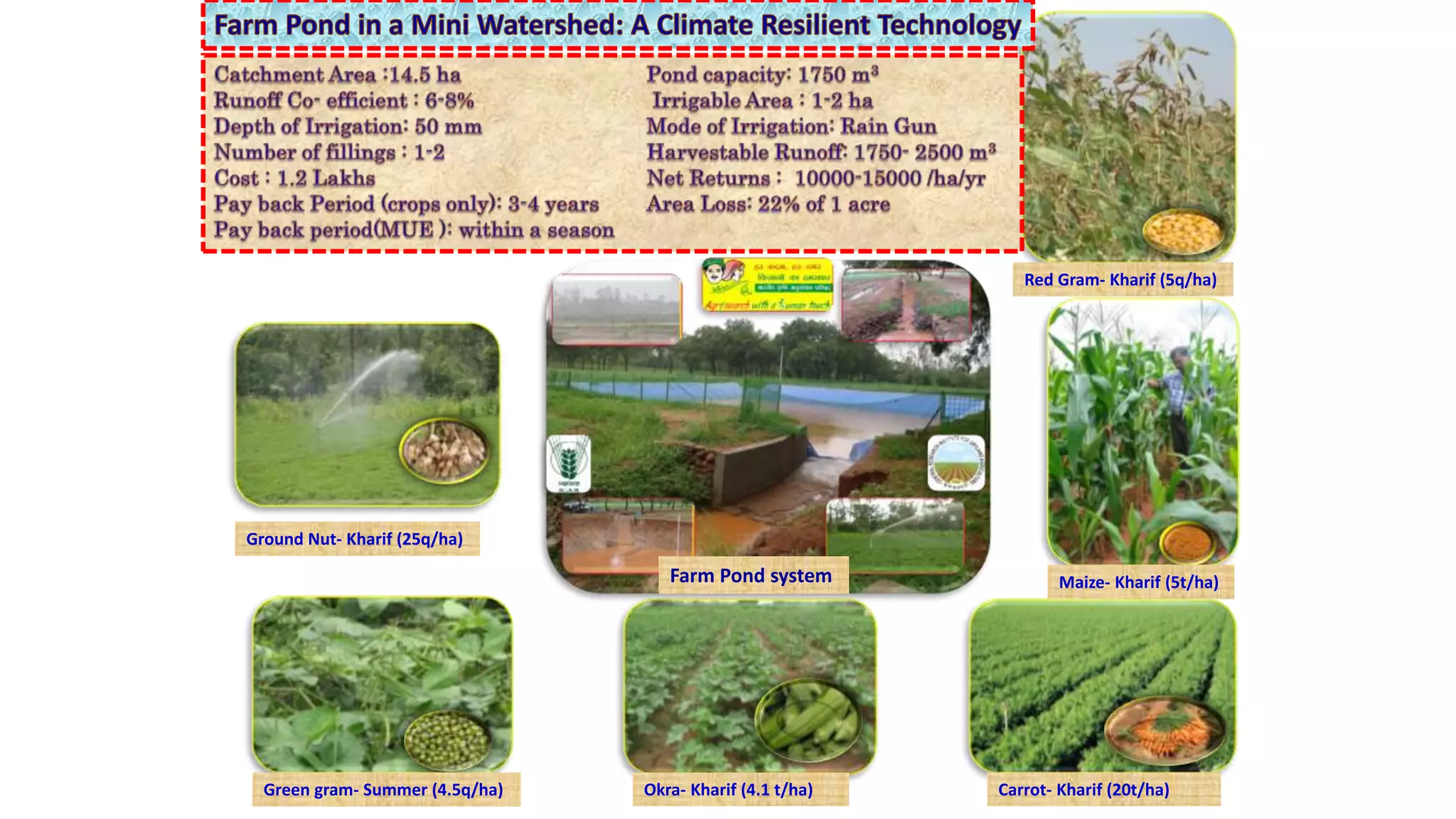 Ground Nut- Kharif (25q/ha)
Green gram- Summer (4.5q/ha) Okra- Kharif (4.1 t/ha) Carrot- Kharif (20t/ha)
Maize- Kharif (5t/ha)
Red Gram- Kharif (5q/ha)
Farm Pond system
 