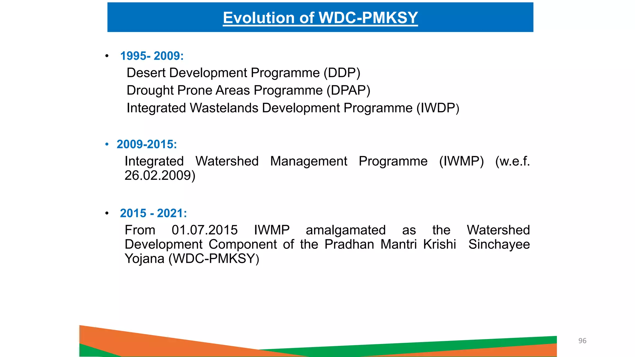 • 1995- 2009:
Desert Development Programme (DDP)
Drought Prone Areas Programme (DPAP)
Integrated Wastelands Development Programme (IWDP)
• 2009-2015:
Integrated Watershed Management Programme (IWMP) (w.e.f.
26.02.2009)
• 2015 - 2021:
From 01.07.2015 IWMP amalgamated as the Watershed
Development Component of the Pradhan Mantri Krishi Sinchayee
Yojana (WDC-PMKSY)
Evolution of WDC-PMKSY
96
 