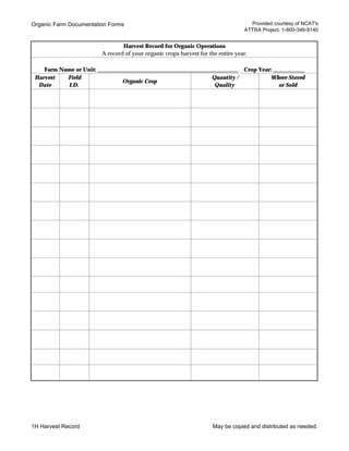 Farm Documentation Organic Field Crops Documentation Forms | PDF