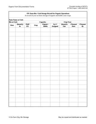 Farm Documentation Organic Field Crops Documentation Forms | PDF