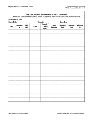 Farm Documentation Organic Field Crops Documentation Forms | PDF