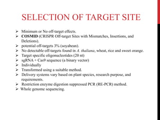 Minimum or No off-target effects.
 COSMID (CRISPR Off-target Sites with Mismatches, Insertions, and
Deletions).
 potential off-targets 3% (soyabean).
 No detectable off-targets found in A. thaliana, wheat, rice and sweet orange.
 Target specific oligonucleotides (20 nt)
 sgRNA + Cas9 sequence (a binary vector)
 Individually
 Transformed using a suitable method.
 Delivery systems vary based on plant species, research purpose, and
requirements.
 Restriction enzyme digestion suppressed PCR (RE-PCR) method.
 Whole genome sequencing.
SELECTION OF TARGET SITE
 
