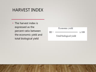 HARVEST INDEX
• The harvest index is
expressed as the
percent ratio between
the economic yield and
total biological yield
 