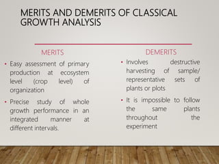 MERITS AND DEMERITS OF CLASSICAL
GROWTH ANALYSIS
MERITS
• Easy assessment of primary
production at ecosystem
level (crop level) of
organization
• Precise study of whole
growth performance in an
integrated manner at
different intervals.
DEMERITS
• Involves destructive
harvesting of sample/
representative sets of
plants or plots
• It is impossible to follow
the same plants
throughout the
experiment
 
