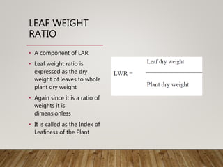 LEAF WEIGHT
RATIO
• A component of LAR
• Leaf weight ratio is
expressed as the dry
weight of leaves to whole
plant dry weight
• Again since it is a ratio of
weights it is
dimensionless
• It is called as the Index of
Leafiness of the Plant
 
