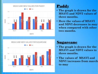 Paddy
●
The graph is drawn for the
MSAVI and NDVI values of
three months.
●
Here the values of MSAVI
and NDVI decreases in may
when compared with other
two months.
Sugarcane
●
The graph is drawn for the
MSAVI and NDVI values to
three months.
●
The values of MSAVI and
NDVI increases from march
to may
 