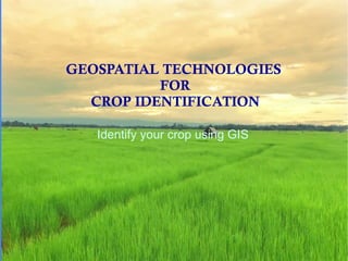 GEOSPATIAL TECHNOLOGIES
FOR
CROP IDENTIFICATION
Identify your crop using GIS
 