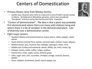 Centers of Domestication
•

Primary theory came from Nikolay Vavilov,
– Vavilov was a Russian who came to a bad end in one of Stalin’s prison camps
in Siberia. He believed in Mendelian genetics, which was considered
“bourgeois” and thus evil by the Communist Party. (Lysenko)

•

•

“Centers of domestication”. The idea is that a plant was probably
first domesticated where there are many wild relatives living and
where there is a lot of variation in the domesticated plant. Lots
of diversity near a domestication center.
Eight major centers:
– Southern Mexico and Central America: maize, beans, cotton, pepper, sweet
potato
– South America (mostly Peru): potato, common bean, tomato, cocoa, tobacco
– Mediterranean: pea, mustard, flax, cabbage, asparagus, clover, olive
– Middle East (Turkey and eastward): wheat, alfalfa, rye, lentil, melon, fig
– Ethiopia: barley, millet, coffee, indigo, sorghum
– Central Asia: onion, apple, carrot, almond, grape
– India: sugar cane, yam, cucumber, chickpea, orange, coconut, banana,
pepper
– China: soybean, buckwheat, peach, opium poppy, tea

 