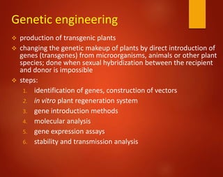 Genetic engineering
 production of transgenic plants
 changing the genetic makeup of plants by direct introduction of
genes (transgenes) from microorganisms, animals or other plant
species; done when sexual hybridization between the recipient
and donor is impossible
 steps:
1. identification of genes, construction of vectors
2. in vitro plant regeneration system
3. gene introduction methods
4. molecular analysis
5. gene expression assays
6. stability and transmission analysis
 