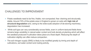 CHALLENGES TO IMPROVEMENT
 Potato seedbeds need to be fine, friable, non-compacted, free- draining and structurally
stable. Around 70% of the potato area in England is grown on soils with high risk of
structural degradation and, owing to the wide-scale adoption of de-stoning machinery,
degradation has increased.
 While soil type can vary considerably across fields, even in uniform-textured fields there
remains large variability in natural water content and bulk density at planting which will affect
the seedbed produced if cultivation takes place at a fixed depth. Reducing the depth of
cultivation slightly can often reduce compaction.
 The soil nitrogen supply (SNS) is likely to be modified greatly by timing and depth of
cultivations, soil water content and rooting activity.
 