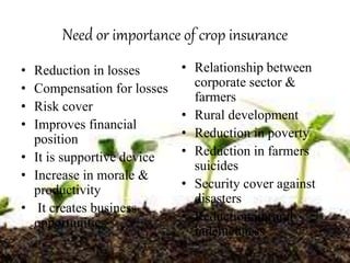 Need or importance of crop insurance
• Reduction in losses
• Compensation for losses
• Risk cover
• Improves financial
position
• It is supportive device
• Increase in morale &
productivity
• It creates business
opportunities
• Relationship between
corporate sector &
farmers
• Rural development
• Reduction in poverty
• Reduction in farmers
suicides
• Security cover against
disasters
• Reduction in rural
indebtedness
 