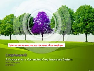 CropAware©
A Proposal for a Connected Crop Insurance System
Matt Kulangara
8/1/2016
Opinions are my own and not the views of my employer.
 