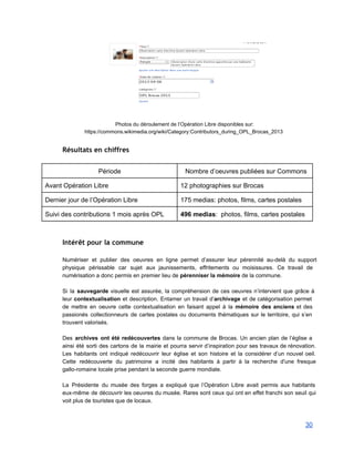  
 
 
Photos du déroulement de l’Opération Libre disponibles sur: 
https://commons.wikimedia.org/wiki/Category:Contributors_during_OPL_Brocas_2013 
Résultats en chiffres 
 
Période  Nombre d’oeuvres publiées sur Commons 
Avant Opération Libre  12 photographies sur Brocas 
Dernier jour de l’Opération Libre  175 medias: photos, films, cartes postales 
Suivi des contributions 1 mois après OPL  496 medias:  photos, films, cartes postales 
 
 
Intérêt pour la commune 
 
Numériser et publier des oeuvres en ligne permet d’assurer leur pérennité au­delà du support                           
physique périssable car sujet aux jaunissements, effritements ou moisissures. Ce travail de                       
numérisation a donc permis en premier lieu de pérenniser la mémoire de la commune. 
 
Si la sauvegarde visuelle est assurée, la compréhension de ces oeuvres n’intervient que grâce à                             
leur contextualisation et description. Entamer un travail d’archivage et de catégorisation permet                       
de mettre en oeuvre cette contextualisation en faisant appel à la mémoire des anciens et des                               
passionés collectionneurs de cartes postales ou documents thématiques sur le territoire, qui s’en                         
trouvent valorisés. 
 
Des archives ont été redécouvertes dans la commune de Brocas. Un ancien plan de l’église a                               
ainsi été sorti des cartons de la mairie et pourra servir d’inspiration pour ses travaux de rénovation.                                 
Les habitants ont indiqué redécouvrir leur église et son histoire et la considérer d’un nouvel oeil.                               
Cette redécouverte du patrimoine a incité des habitants à partir à la recherche d'une fresque                             
gallo­romaine locale prise pendant la seconde guerre mondiale. 
 
La Présidente du musée des forges a expliqué que l’Opération Libre avait permis aux habitants                             
eux­même de découvrir les oeuvres du musée. Rares sont ceux qui ont en effet franchi son seuil qui                                   
voit plus de touristes que de locaux. 
 
30 
 