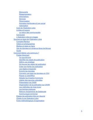Découverte 
Réappropriation 
Informations 
Services 
Pérennisation 
Animation territoriale et Lien social 
Valorisation 
Coût de l’Opération Libre 
Limites et Leçons 
Le retour des communautés 
Conclusion 
L’Opération Libre en images 
Sources en ligne de l’Opération Libre 
Comptes­Rendus 
Videos et photographies 
Medias et relais en ligne 
Site de données et contenus libres de Brocas 
Guide 
Comment libérer une commune ? 
Publier librement 
Ce que dit la loi 
Identifier les objets de publication 
Définir une stratégie 
Où trouver les objets de publication 
Créer son fichier de publication 
Les règles à respecter 
Enrichir les données 
Convertir une base de données en CSV 
Passer à LibreOffice 
Adopter les Creative Commons 
Libérer des oeuvres culturelles 
Présentation de CKAN 
Organisation de la publication sur CKAN 
Les méthodes de mise à jour 
Les bonnes pratiques 
Retours d'expérience de Datalocale 
Communiquer et Animer 
Etapes de publication libre en résumé 
Charte d’une Opération Libre 
Fiche méthodologique d’organisation 
 
 
 
5 
 